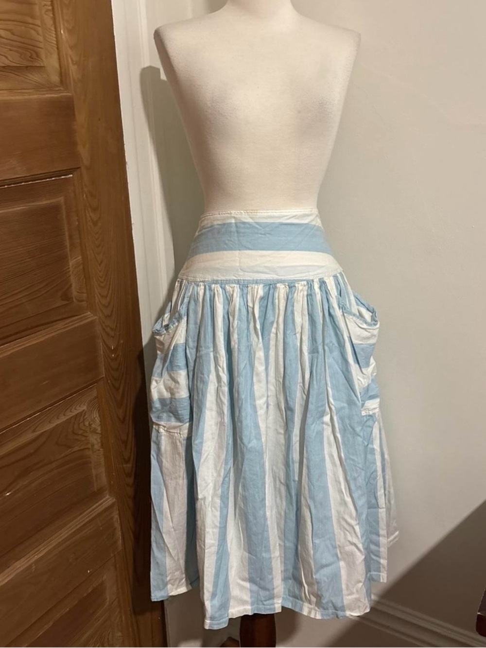 Vintage Blue and White Striped Cotton Midi Skirt